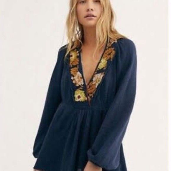 New Free People Rose Red Linen Blend Embroidered Blue - Picture 3 of 16